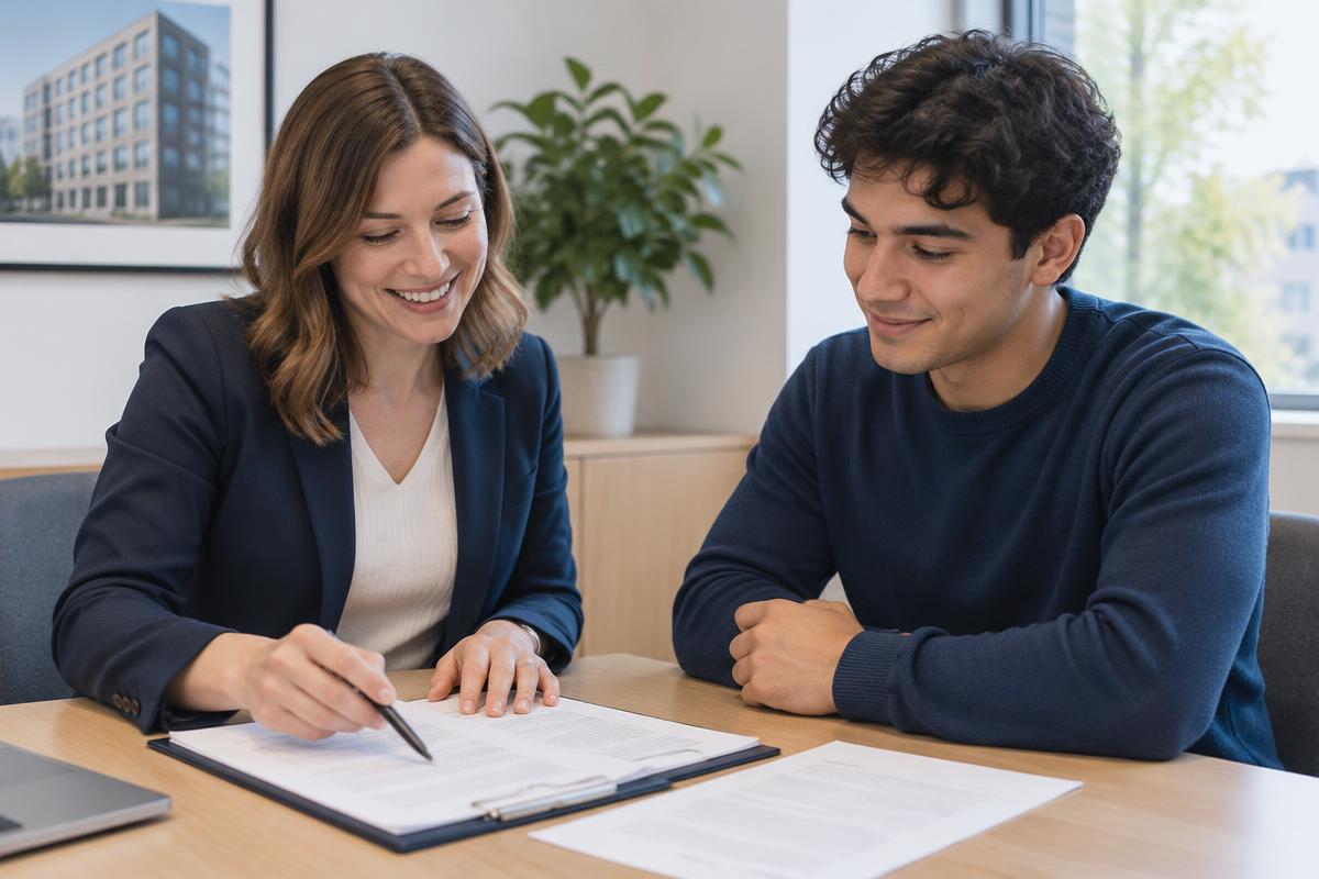 Two people reviewing application paperwork; illustrative photograph