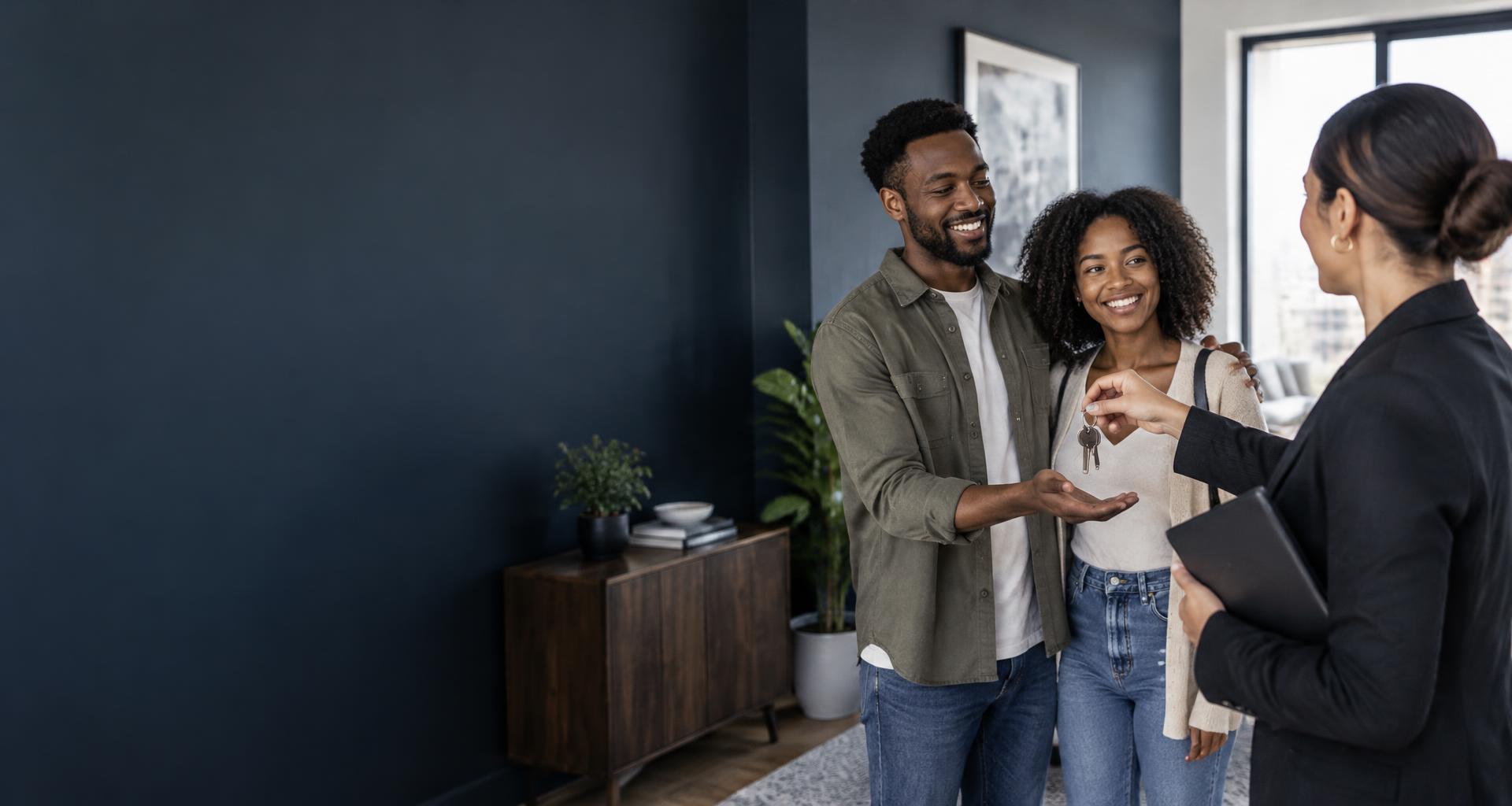 A couple receiving apartment keys; illustrative photograph