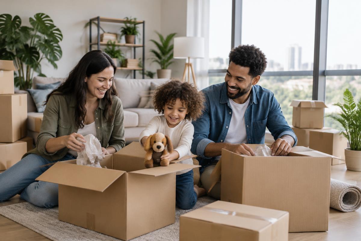 A family unpacking their belongings; illustrative photograph